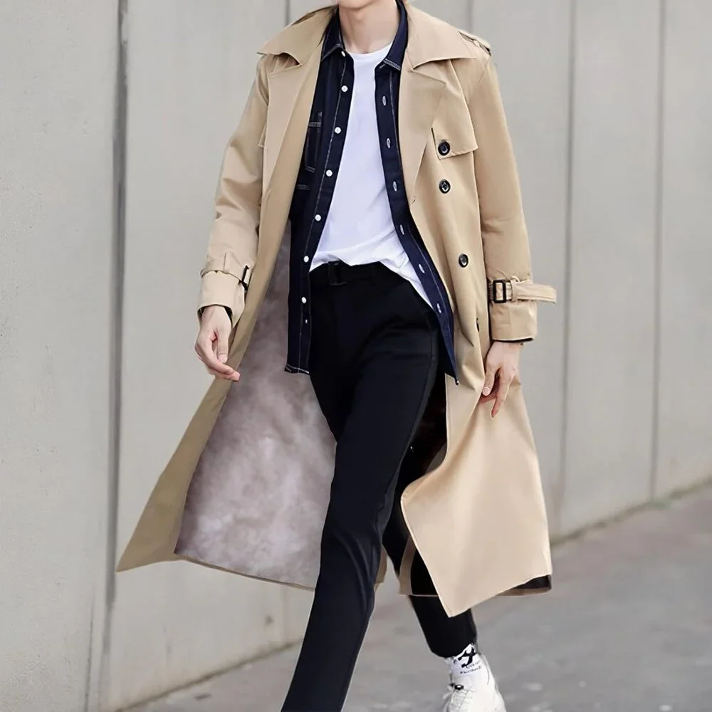 💫 Men Cream Long Trench Coat Oversized Casual windbreaker Double Breasted Coat